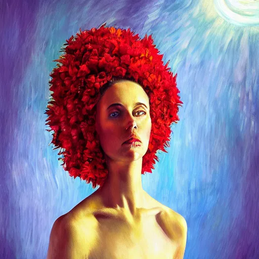 Image similar to giant flower head, woman standing in a luxury apartment, surreal, dramatic light, impressionist painting, digital painting, artstation, georgia o'keeffe