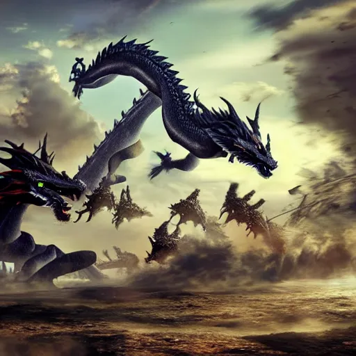 Image similar to dragons fighting with giant robots, cinematic, ultra realistic