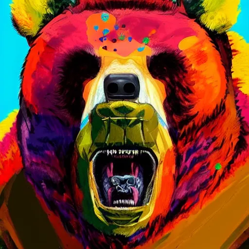 Prompt: a head and shoulder portrait of bear beast-man painted in the colorful and expressive style of Kotwdq, trending on Artstation 8k photorealistic