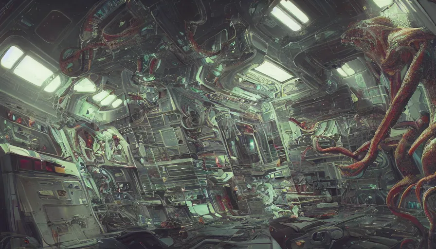 Image similar to Space alien prison with humans locked in the cells, hyperdetailed, artstation, cgsociety, 8k, squid monster astronaut, in a 1970s livingroom , full body portrait, well lit, intricate abstract. cyberpunk, intricate artwork, by Tooth Wu, wlop, beeple. octane render, trending on artstation, greg rutkowski very coherent symmetrical artwork. cinematic, hyper realism, high detail, octane render, 8k, minimalistic, hyperrealistic surrealism, award winning masterpiece with incredible details, a surreal vaporwave liminal space, highly detailed, trending on ArtStation