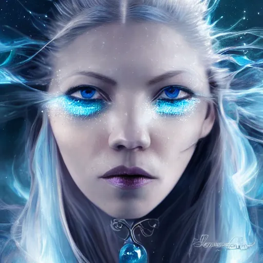 Prompt: masterpiece portrait of an aesthetic mage woman, ice spell, 3 0 years old woman, ( katheryn winnick like ), black dynamic hair, wearing silver diadem with blue gems inlays, silver necklace, painting by joachim bergauer and magali villeneuve, atmospheric effects, chaotic blue sparks dynamics in the background, intricate, artstation, fantasy