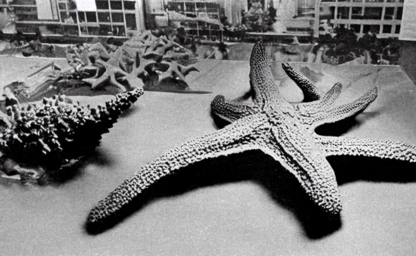Prompt: rare vintage footage of a giant Kaiju Starfish monster, city, overshadowing Kim Jong-il, shin sang-ok and Choi Eun-hee escaping, 1985, Pyongyang, obscured underexposed view