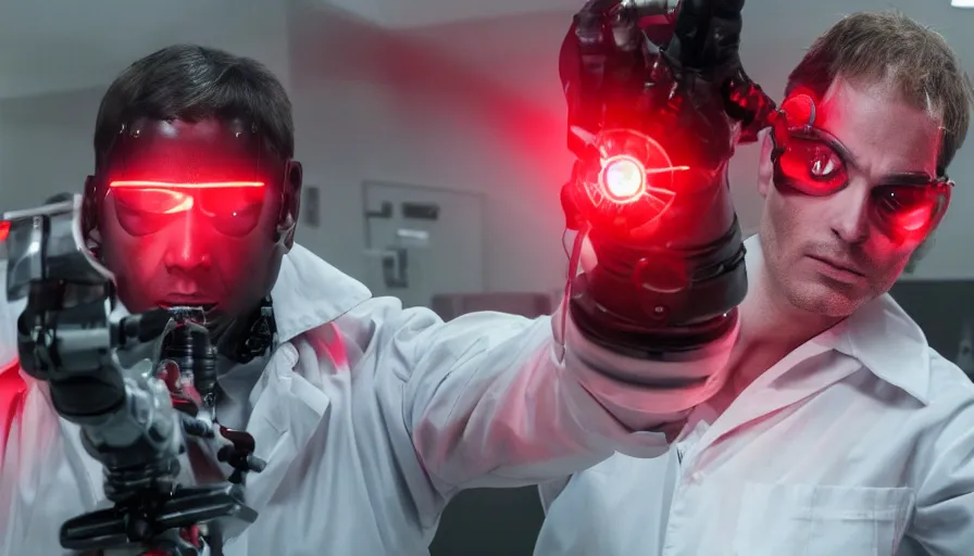 Image similar to big budget action movie in a science lab where a red light is flashing, there's an evil cyborg.