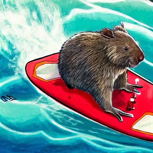 Prompt: wombat playing chess on spider - man painted paddle ski on waves dark ominous big waves dramatic