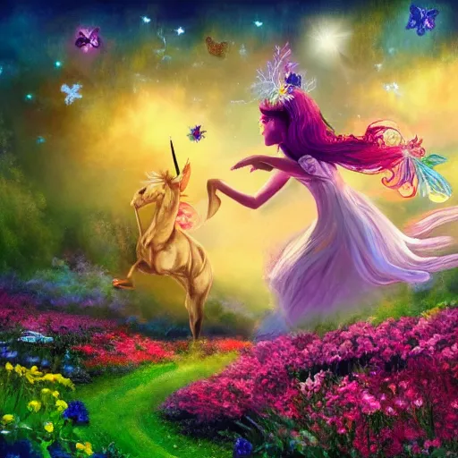 Image similar to flower garden with magical fairies, mythical, surreal, animated movie shot, unicorns, digital painting, wallpaper, art, 4 k, hd