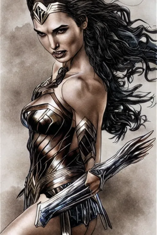 Image similar to Gal Gadot as Wonder Woman, illustration by Luis Royo