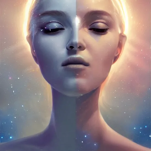 Prompt: sci - fi, 3 d, stars, blonde fashion model face closed eyes, cinematic, clouds, moon rays, vogue cover style, poster art, blue mood, realistic painting, intricate oil painting, high detail illustration, figurative art, multiple exposure, water, 3 d, by tooth wu and wlop and beeple and greg rutkowski
