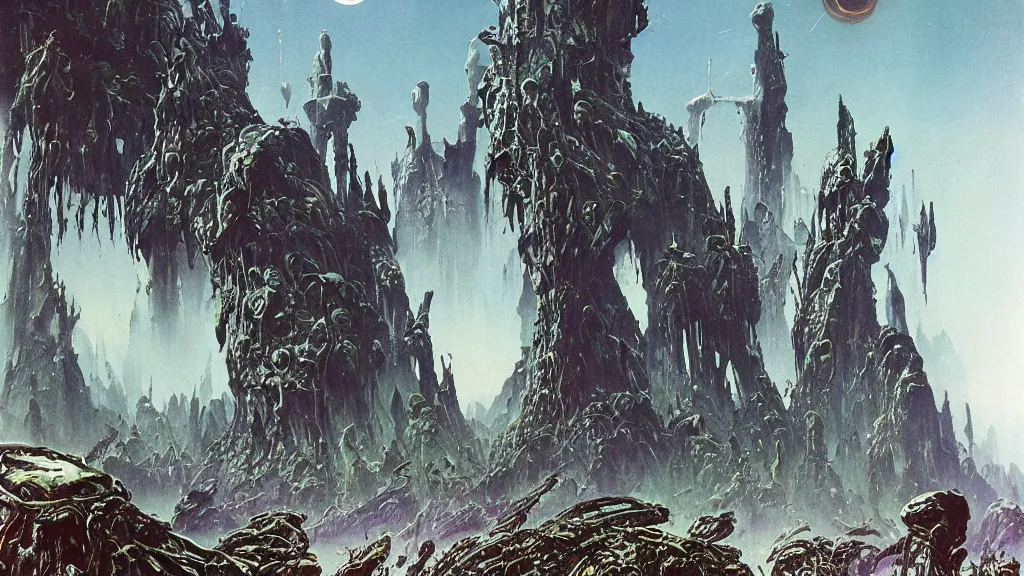 Image similar to surreal eerie alien planet empire with strange biomechanical plants by frank frazetta and bruce pennington, cinematic matte painting