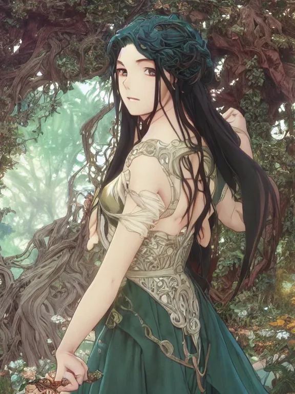 Image similar to anime key visual of amora the enchantress with her back to the camera wearing a medieval gown!! intricate, magical forest, stunning, highly detailed, digital painting, artstation, smooth, hard focus, illustration, art by artgerm and greg rutkowski and alphonse mucha