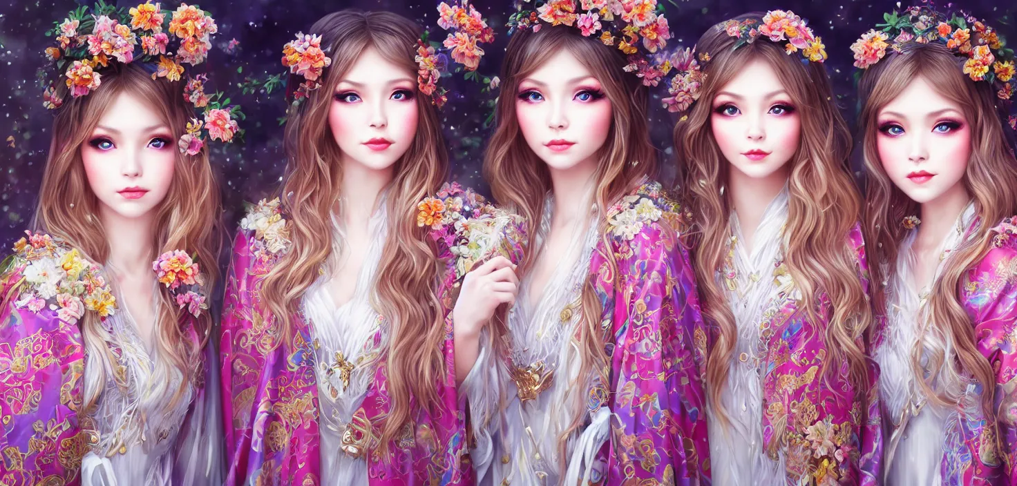 Image similar to two beautiful fashion siberian girls wear fantasy kimono in festival | | big eyes, sunny, dreamlike art, realistic shaded, smile, good looking, hyper details, 4 k realistic, cryengine, realistic shaded lighting poster by artgerm, ross tran, fuji choko, loish, 8 k resolution, trending on artstation, luxury