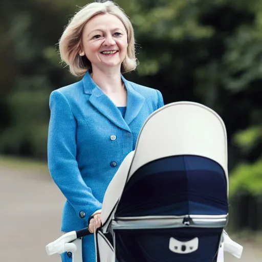 Image similar to hyperrealistic photography of elizabeth truss, conservative MP, in a baby carriage