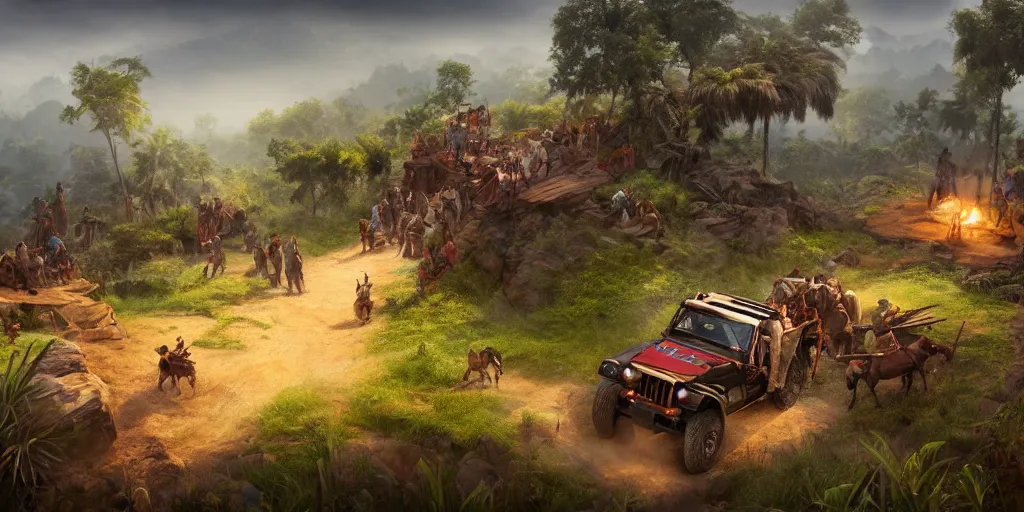 Image similar to Mahindra thar, tribe members attacking, action scene, Lively sunny landscape of a kerala village realistic detailed digital art by Maxwell Boas Jessica Rossier Christian Dimitrov Anton Fadeev trending on Artstation CGSociety rendered in Unreal Engine 4k HQ