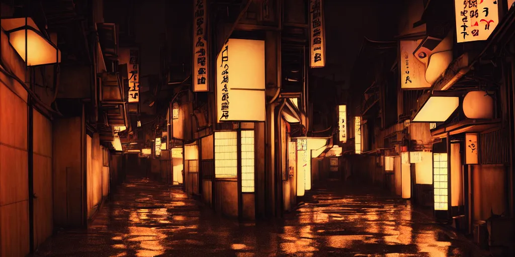 Prompt: a japanese alleyway at night, in the style of blade runner 2049, volumetric lighting