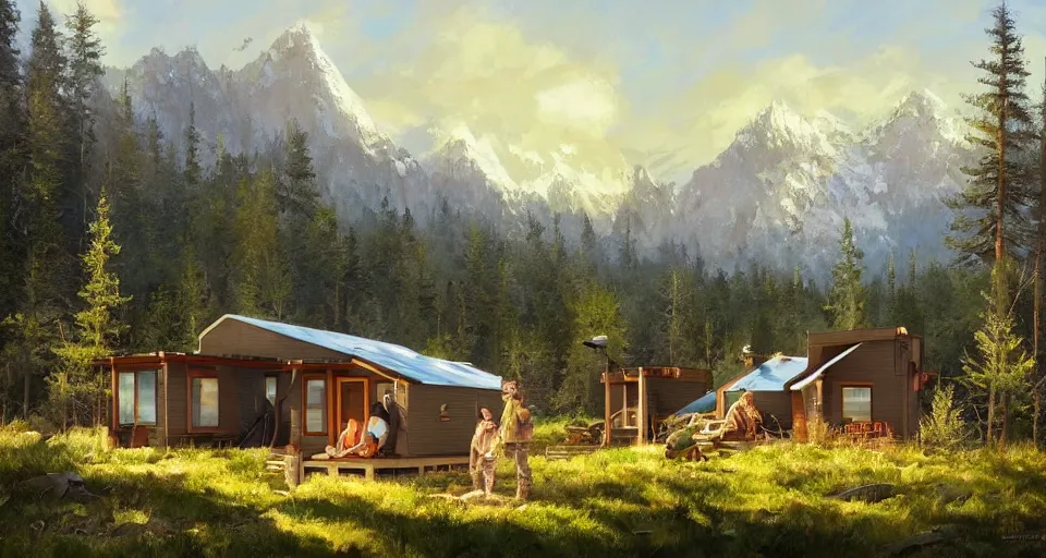 Image similar to cabela's beautiful comfortable community of modular insulated wall container home kit - house all weather military grade family dwelling tent house, person in foreground, mountainous forested wilderness open fields, beautiful views, painterly concept art, environmental concept art, concept art illustration, by james gurney, by craig mullins, by greg rutkowski trending on artstation