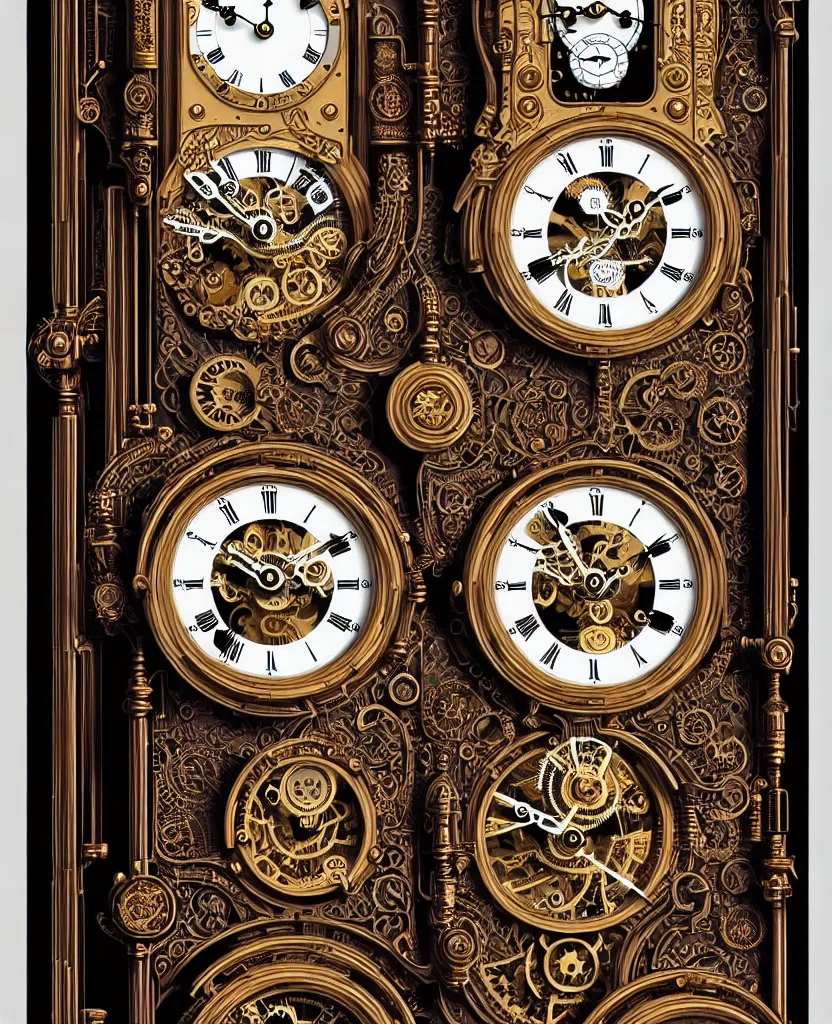 Image similar to ornate steampunk grandfather clock, high details, intricately detailed, by vincent di fate, inking, 3 color screen print, masterpiece, trending on artstation,, sharp, details, hyper - detailed, hd, 4 k, 8 k