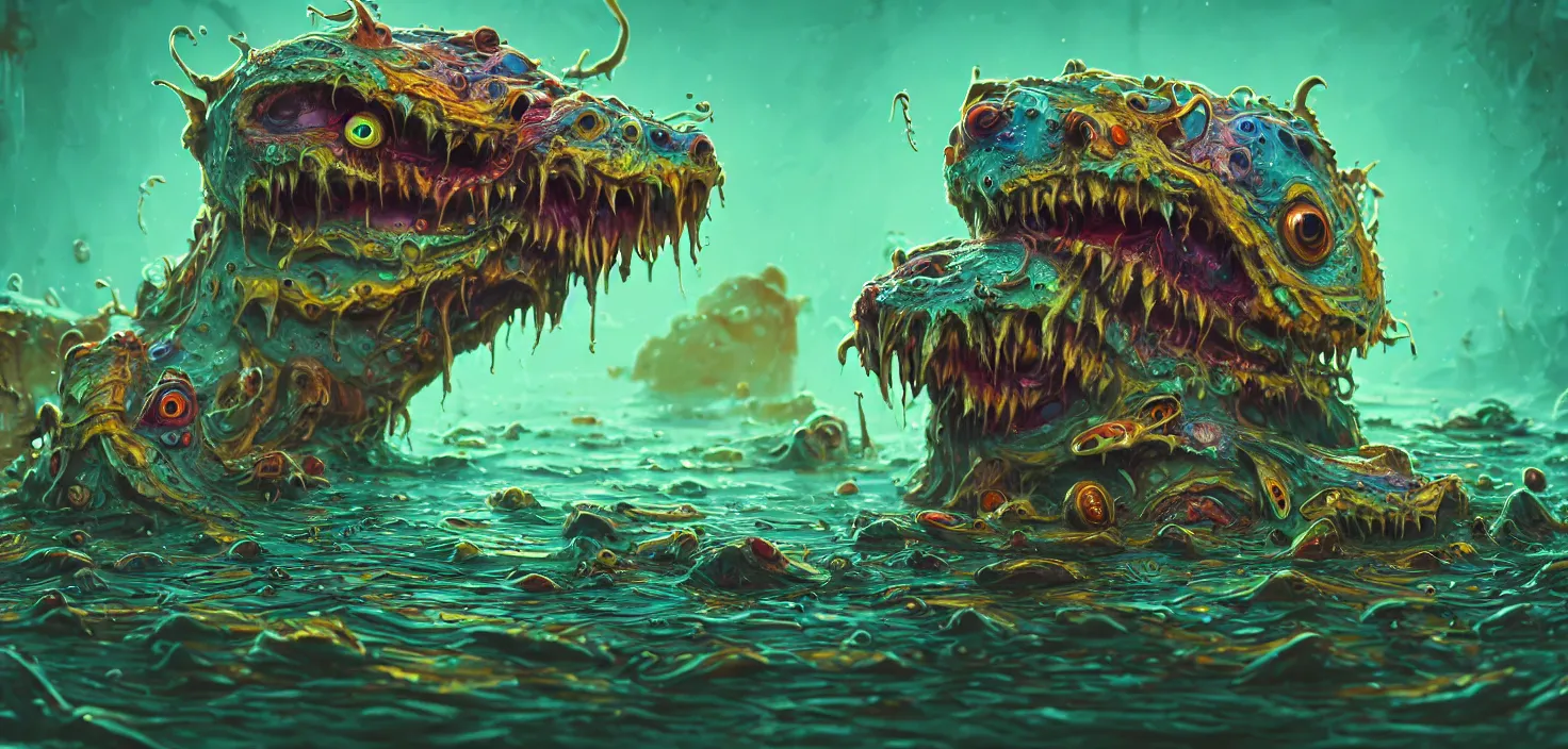 Prompt: intricate colourful murky with strange cute friendly angry crazy creatures with huge beauty eyes 9 long tongue triangle teeth and scary face appearing from the water, in the style of craola, shallow depth of field, highly detailed, digital painting, trending artstation, concept art, illustration, cinematic lighting, vibrant colors, photorealism, epic, octane render