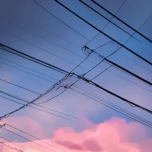 Image similar to low angle, pink golden clouds, blue sky, golden hour, telephone lines, thunder storm, lightening, detailed, photograph, award wining, trending on artstation, 4k, unreal engine 5, octane render, neon highlights