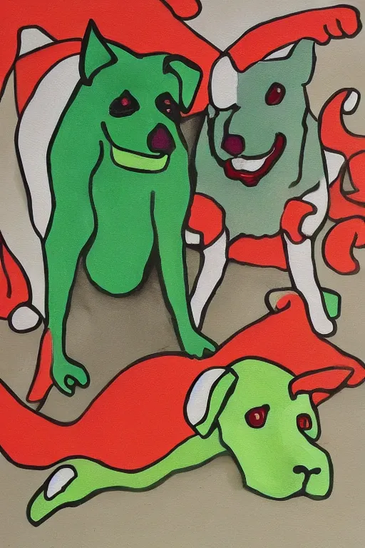 Image similar to red herring and green dog painting a picture together