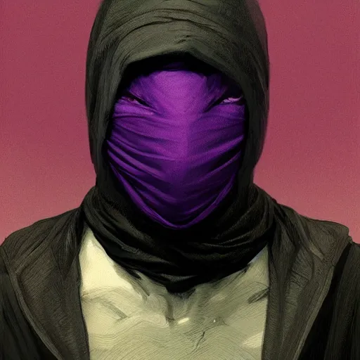 Image similar to ultra realistic illustration, man in a black hood, in a striped purple balaclava, mysterious, highly detailed, digital painting, artstation, concept art, smooth, sharp focus, illustration, art by artgerm and greg rutkowski and alphonse mucha