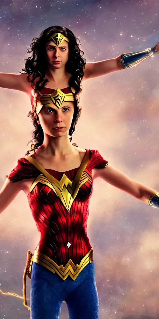 Image similar to photorealistic art of Michael Cera as Wonderwoman, dynamic lighting, space atmosphere, hyperrealism, stunning visuals