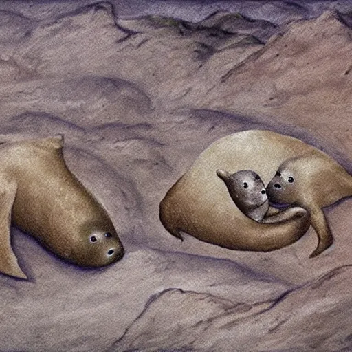 Image similar to three baby seals, Neanderthal cave painting