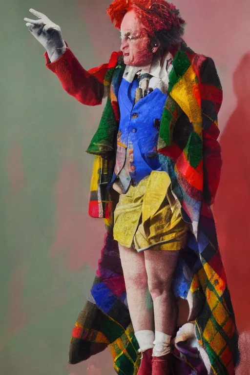 Prompt: a scene depicting a character wearing a voluminous suit made from tartan mix and transparent plastic, blurred, muted colors, oil painting hyper real, super detailed, soft light