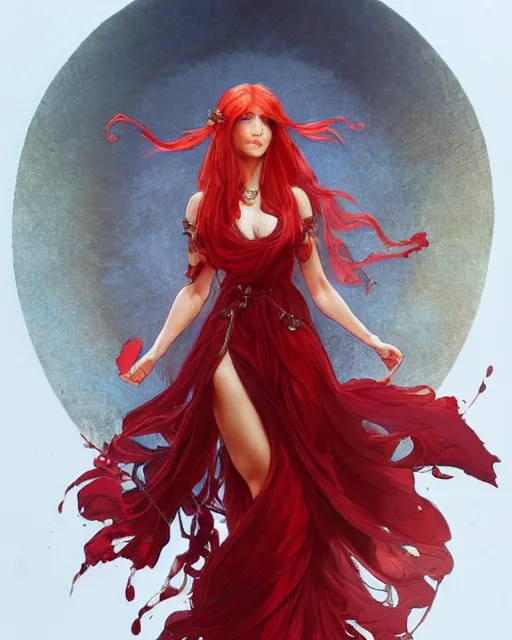 Prompt: Red haired Goddess, holds a spark of all creation in her hands, a tiny red dragonlet, intricate dress, wide angle, intricate, elegant, overdetailed, professional digital painting, artstation, concept art, smooth, sharp focus, 8K, art by artgerm and greg rutkowski and alphonse mucha and loish and WLOP