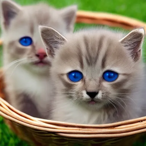 Prompt: one hundred kittens with blue eyes in a basket