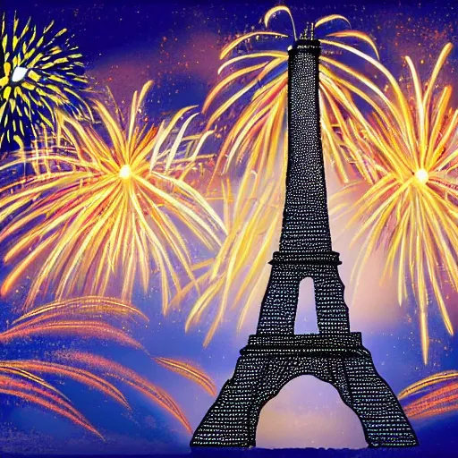 Prompt: Eiffel Tower with fireworks in the sky painting in the style of Starry Night