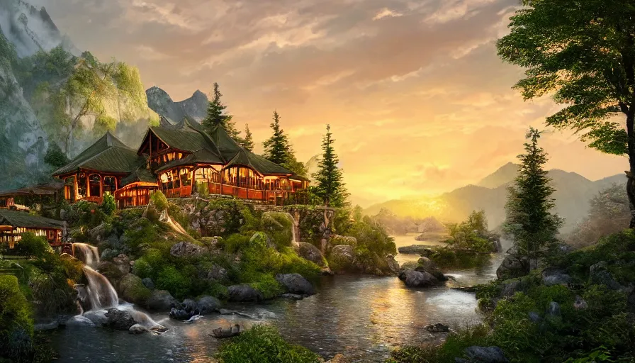 Image similar to rivendell with mcdonald's restaurant built in the mountains with waterfalls and forest at the foot of green gigantic mountains at sunset, fireplace, hyperdetailed, artstation, cgsociety, 8 k