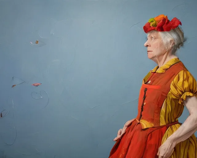 Image similar to an innocent and beautiful scene in hyper realistic style, about an old and lonely woman painting a huge colorful fish on the wall, and modeling a victorian dress. 4 k. wide angle. wild. red mouth, blue eyes. deep focus, lovely scene. ambient occlusion render. unreal engine.