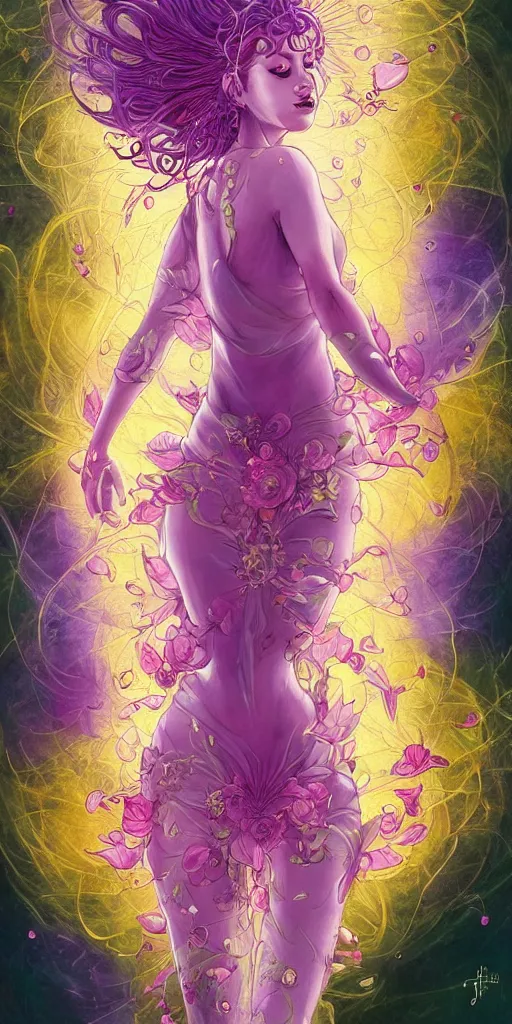 Image similar to 'lotus goddes, full body, purple, pink, yellow, concept character, water drops, lotus flower, beautiful, stunning, pink mist, radiating power, energy, god rays, luminescence, fractal, style of james jean, akira, satoshi con'