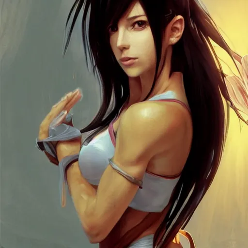 Prompt: portrait of tifa lockhart with a towel wrapped around her chest!!!!!, towel wrapped around her hair!!!!!, just showered casual, modern, victoria's secret, highly detailed, digital painting, artstation, concept art, smooth, sharp focus, illustration, art by artgerm, greg rutkowski and alphonse mucha