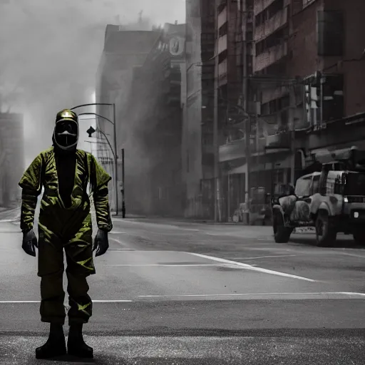 Prompt: a hazmat soldier wearing a gasmask standing on a street corner, 8k, film still, cinematic, s- 150