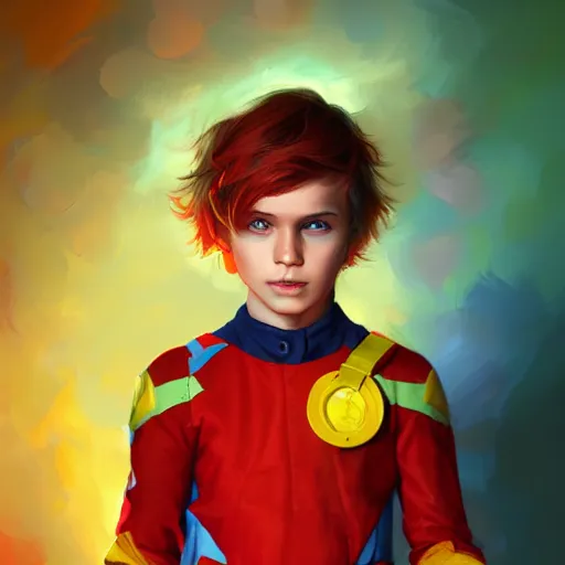 Prompt: colorful and festive captivating young child boy, brown fluffy hair, wearing red and yellow hero suit. full body, rich vivid colors, ambient lighting, dynamic lighting, 4 k, atmospheric lighting, painted, intricate, highly detailed by charlie bowater