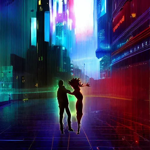Image similar to digital art cyberpunk cityscape nighttime silhouette of a couple dancing in the foreground painted by turner 1860