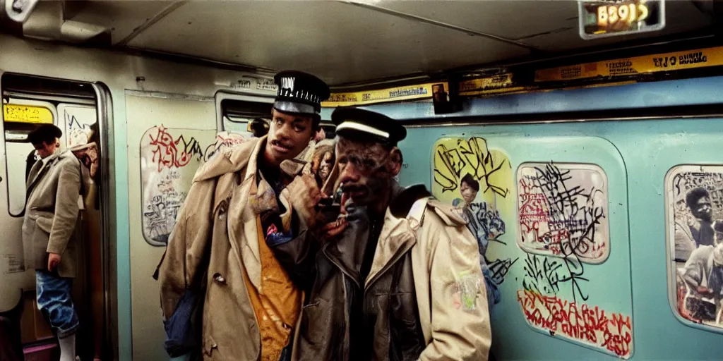 Image similar to new york subway cabin 1 9 8 0 s inside all in graffiti, policeman closeup, coloured film photography, christopher morris photography, bruce davidson photography