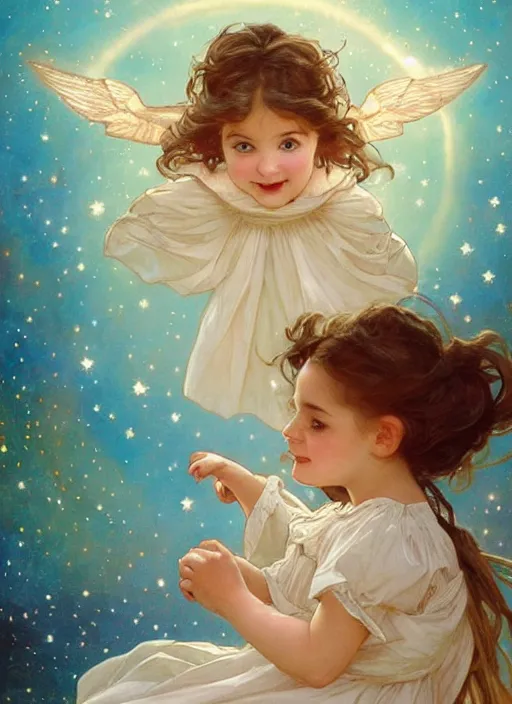 Image similar to a cute little girl with a round cherubic face, blue eyes, and short wavy light brown hair smiles as she floats in space with stars all around her. she is wearing a turquoise dress. beautiful painting by artgerm and greg rutkowski and alphonse mucha