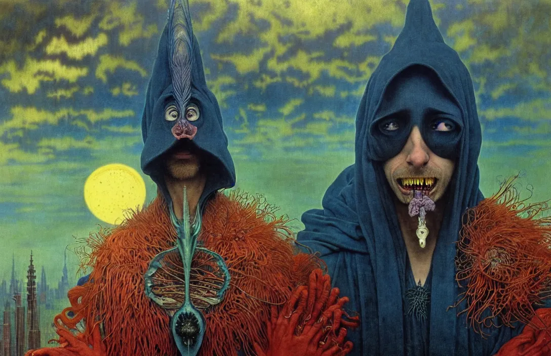 Prompt: realistic detailed portrait movie shot of a birdman wearing a dark robes, sci fi city landscape background by denis villeneuve, amano, yves tanguy, alphonse mucha, ernst haeckel, max ernst, roger dean, masterpiece, rich moody colours, dog teeth, blue eyes, sunrise