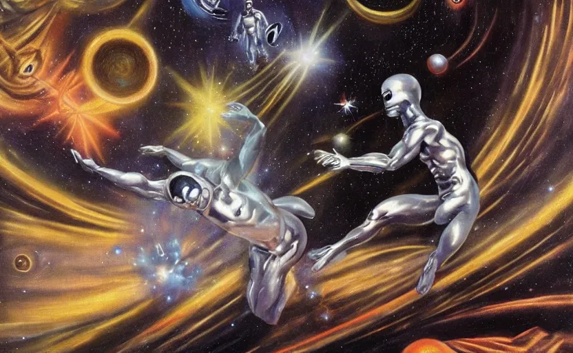 Prompt: silver surfer surfing by planets in space. pulp sci - fi art for omni magazine. high contrast. baroque period, oil on canvas. renaissance masterpiece.