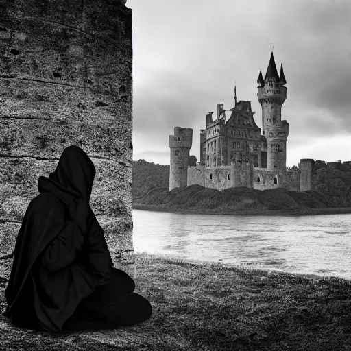 Image similar to black hooded trench coat man sitting on the edge of a castle, gothic, raining, 4k resolution