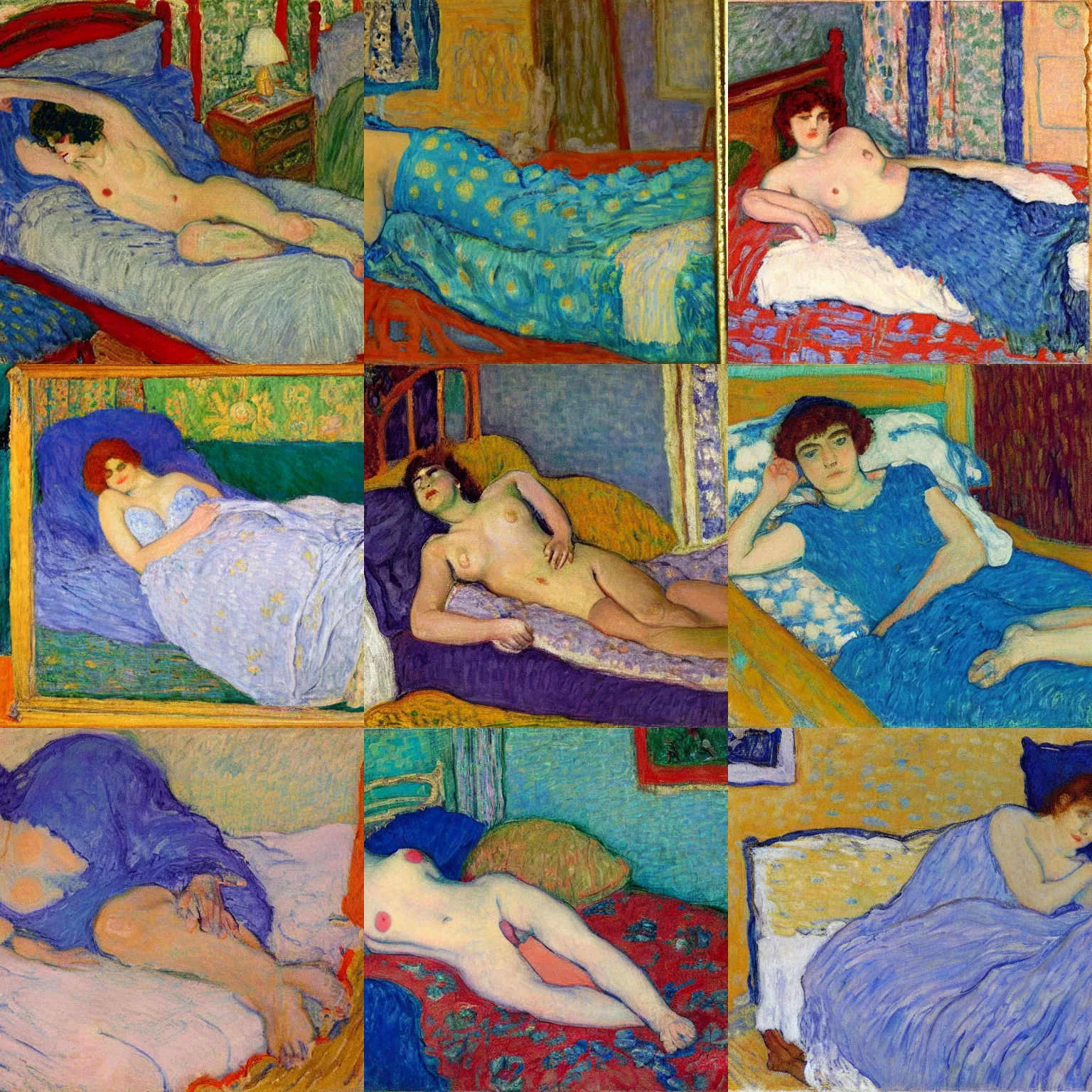 Prompt: woman clothed with blue dress laying on the bed, by pierre bonnard