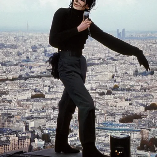 Image similar to old Michael Jackson recording music video in top of the Eiffel Tower, 4k 2022