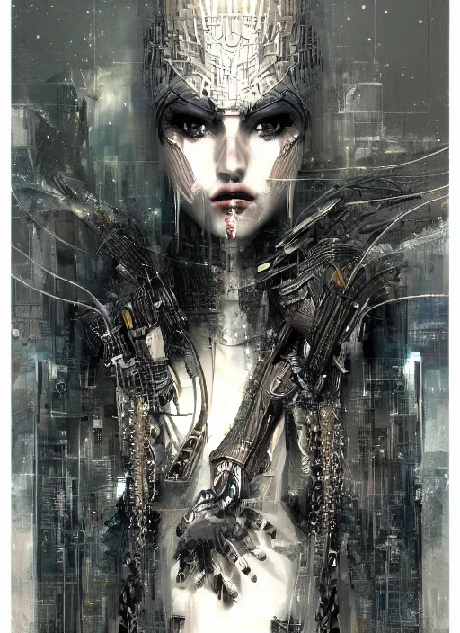 Prompt: portrait of a standing arrogant android goddess, shaman, sword, evening, dark, intricate, very detailed, science-fiction, trending on artstation, Nekro, Russ Mills, Taiyo Matsumoto