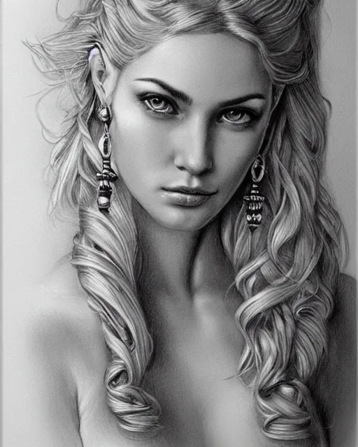 Image similar to pencil drawing of a beautiful greek goddess aphrodite with arrowhead earrings, beautiful piercing eyes, beautiful blonde hair, hyper realistic face, in the style of greg rutkowski, fantasy, amazing detail, epic, elegant, smooth, sharp focus, from the front