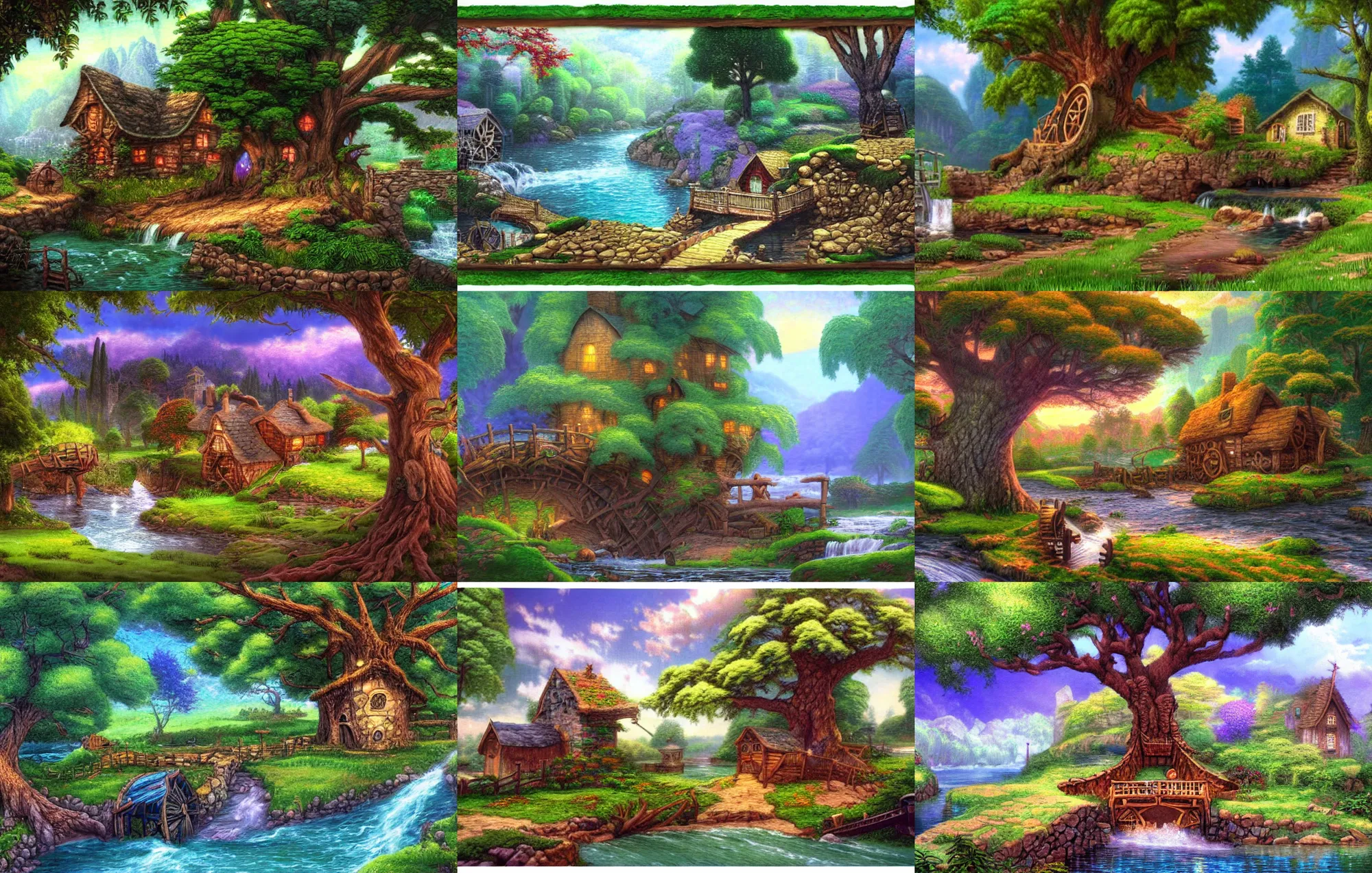 Prompt: a giant tree next to a river with a house and waterwheel built into it's roots, from a fantasy point and click 2 d graphic adventure game, art inspired by thomas kinkade, king's quest, sierra entertainment games, colorful landscape painting