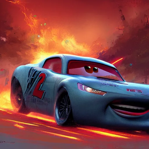 Image similar to lightning mcqueen crash in heavily by greg rutkowski