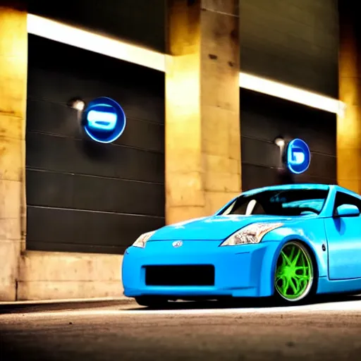 Prompt: a nissan 3 5 0 z with glowing blue wheels, professional photography, wide - angle