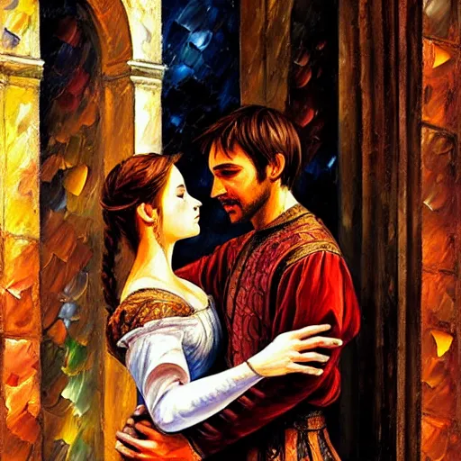 Image similar to highly detailed painting of shakespeare's romeo and juliet in the city of verona, italy. intricate, high quality oil painting artstyle, in the style of leonid afremov, deviantart, figurative art, deviantart, ilya kuvshinov, lovecraftian, very detailed face, portrait