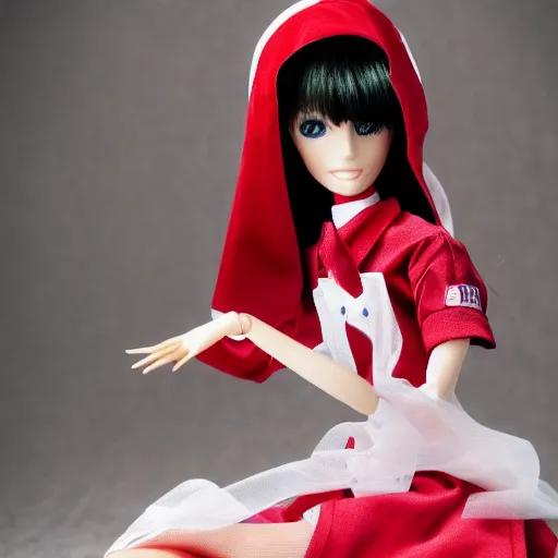 Image similar to anime barbie doll, 5 dolls in one photo, in red velvet stockings, a nurse's dress, full length, heels on her feet